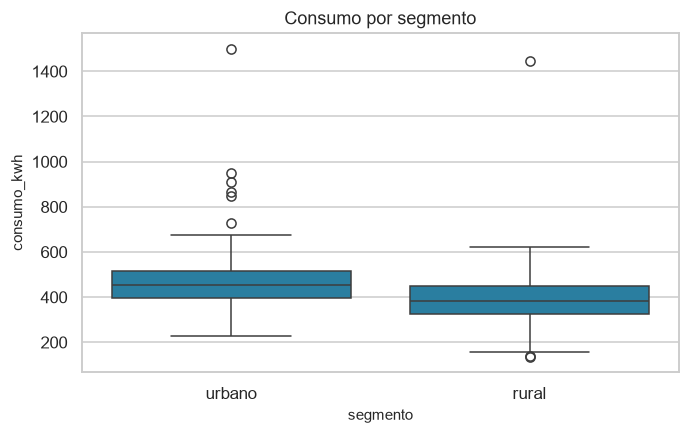 Consumo por segmento urbano y rural; las distribuciones muestran heterogeneidad y observaciones extremas.
