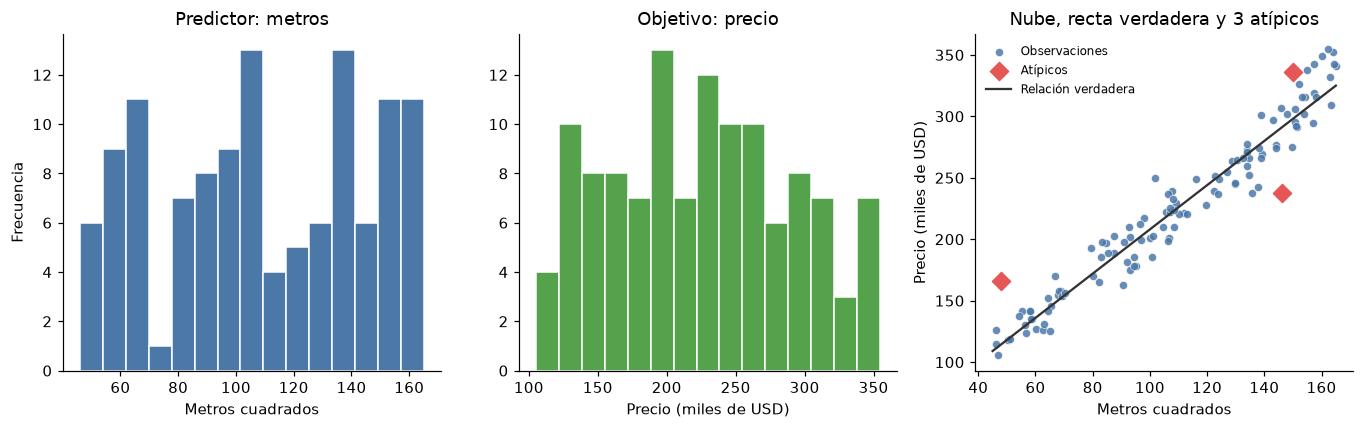 Distribuciones de metros y precio y relación sintética con tres valores extremos identificados.