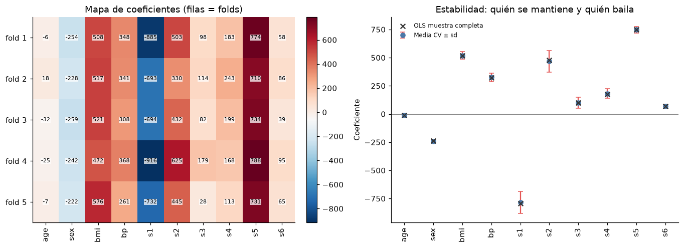 Diez coeficientes en cinco folds de diabetes, con valores escritos en el mapa y medias con dispersión; algunos son sensibles a los pacientes reservados.