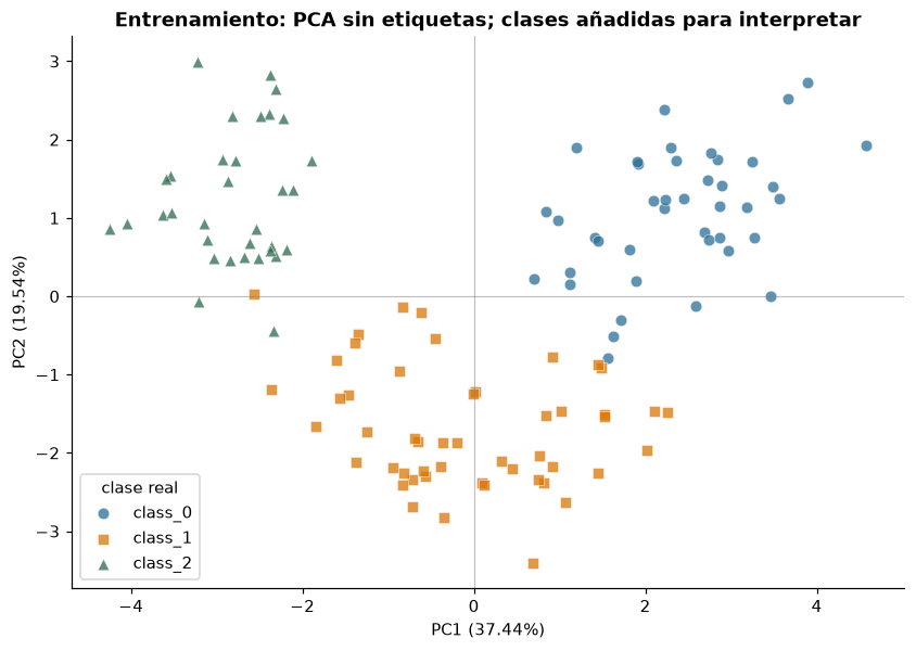 Proyección de entrenamiento en PC1 y PC2; formas y colores identifican los tres cultivares después del ajuste no supervisado.