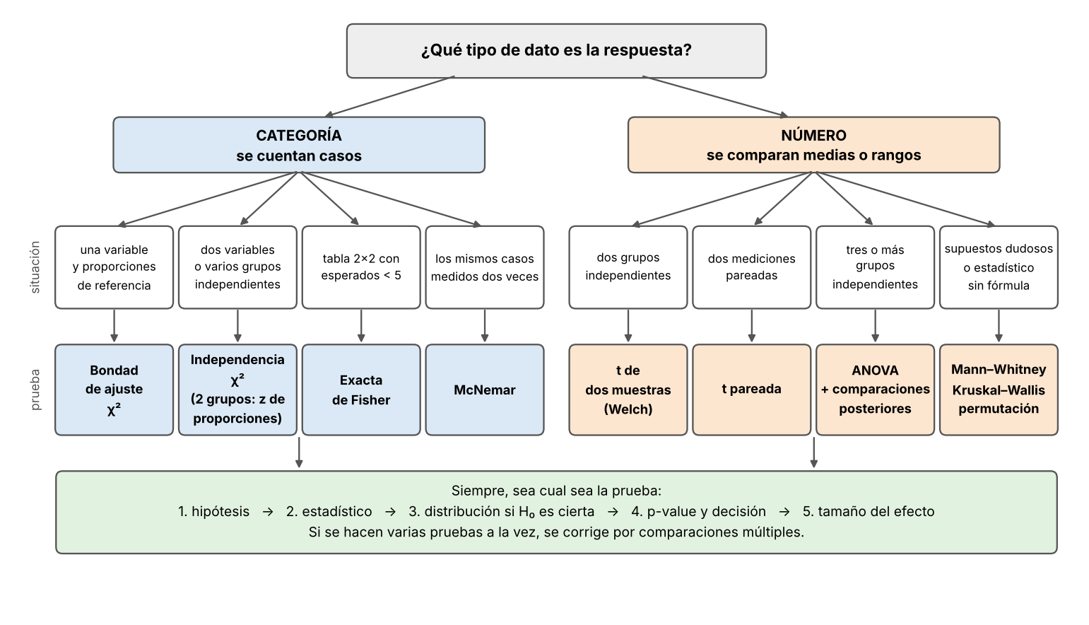 Árbol de selección de pruebas según respuesta categórica o numérica, grupos independientes o pareados y número de grupos; la rama numérica conecta t, ANOVA, rangos y permutación.