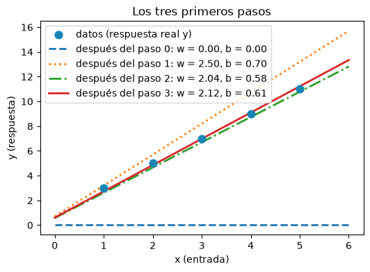 Los cinco puntos de datos con cuatro rectas: la inicial horizontal en cero, y las de los pasos 1, 2 y 3, cada una con un estilo de línea distinto. Desde el paso 1 las rectas ya pasan cerca de los puntos.