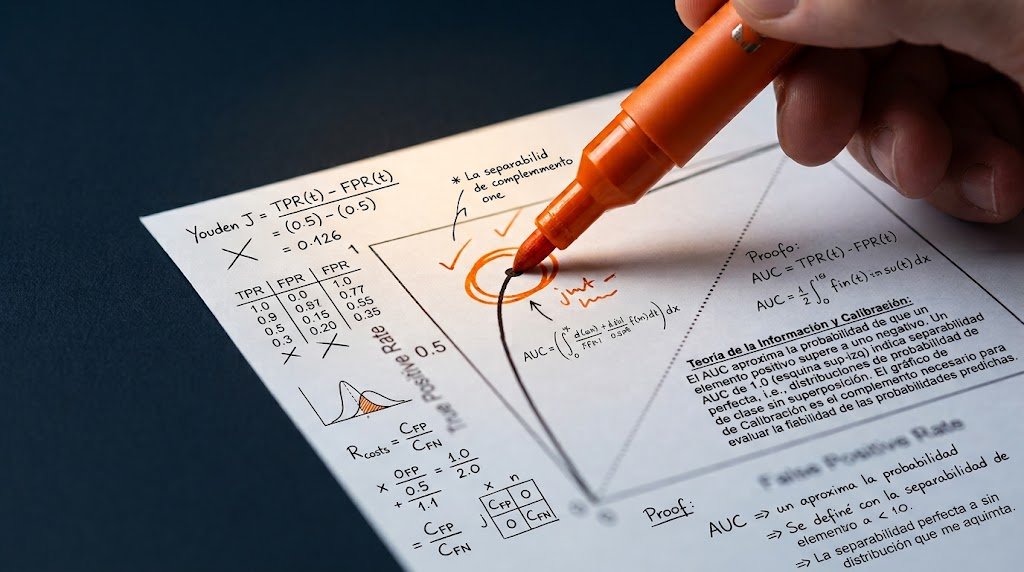 Mano anotando con marcador naranja una curva ROC y fórmulas de evaluación de un modelo de clasificación, sobre una hoja impresa
