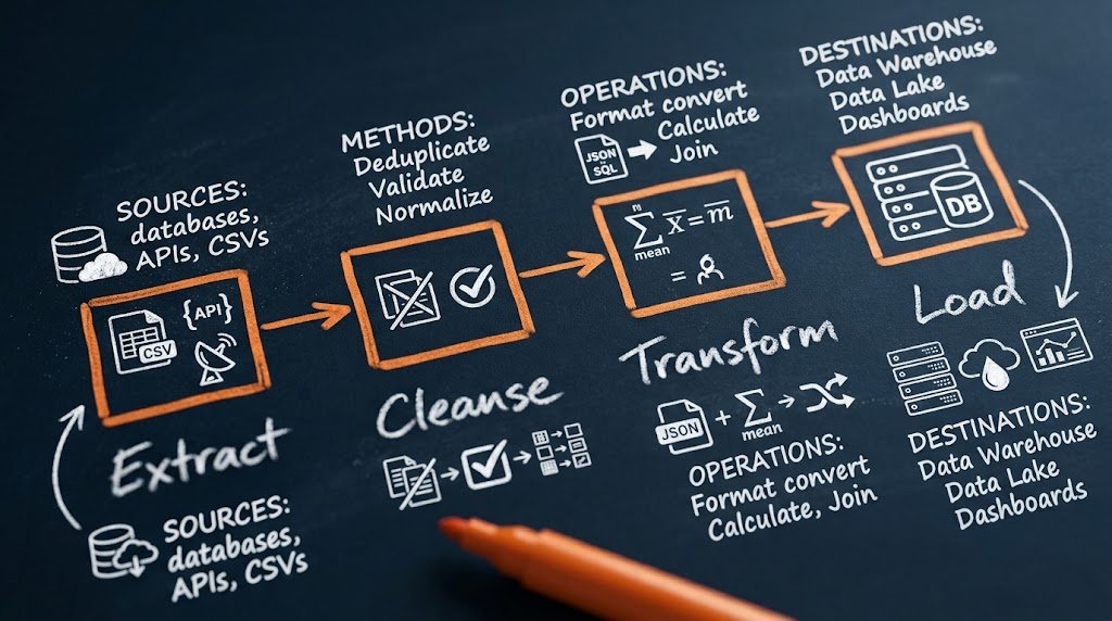 Boceto técnico dibujado a mano de un pipeline ETL: Extract, Cleanse, Transform, Load, con íconos de fuentes de datos, métodos y destinos