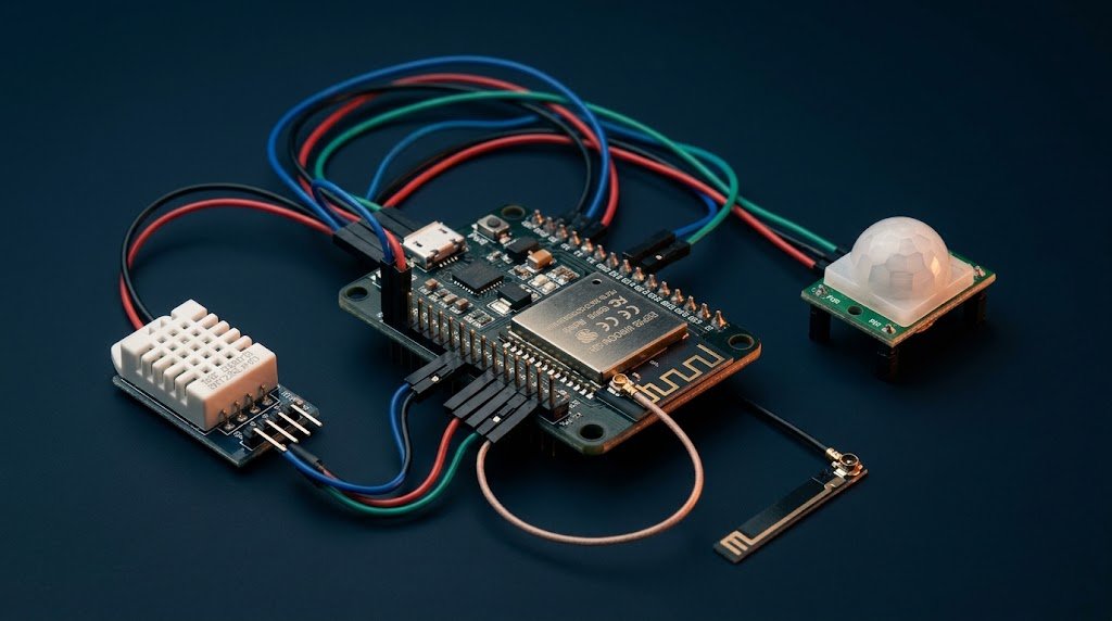 Microcontrolador ESP32 conectado a un sensor de temperatura y humedad, un sensor de movimiento y una antena externa, con cableado ordenado sobre fondo oscuro